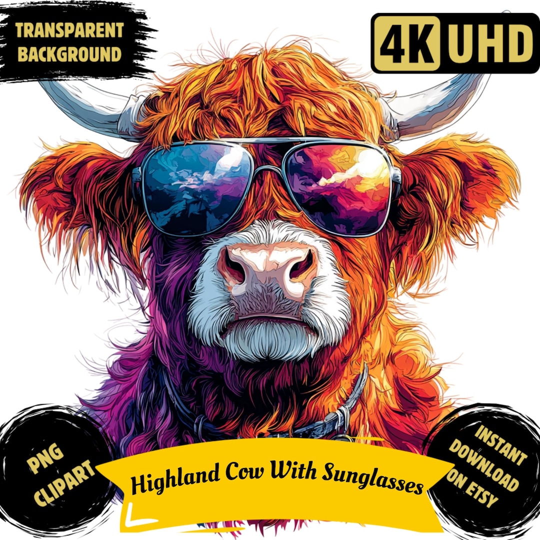Highland Cow Wearing Sunglasses PNG Clipart Bundle, Watercolor Cool ...