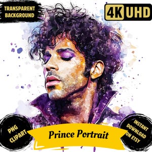 Paquete de imágenes prediseñadas PNG de retrato de príncipe, imágenes de silueta de príncipe en acuarela, estilo pop art de príncipe, sublimación digital estética retro de príncipe