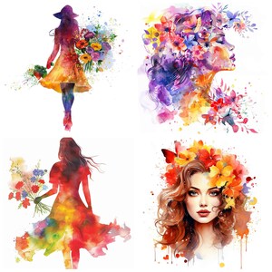 May include: Four watercolor paintings of women with flowers. Each painting features a woman with a different hairstyle and floral arrangement. The paintings are in a variety of colors, including pink, purple, blue, yellow, and green.