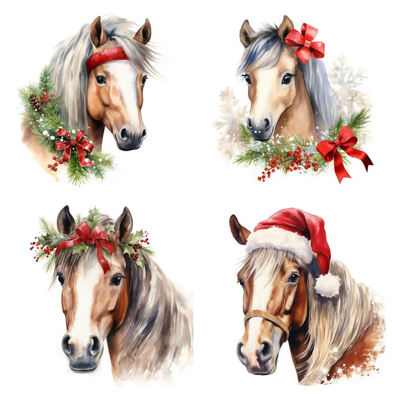 30 Christmas Horse PNG Clipart Bundle, Watercolor Festive Pony Images ...
