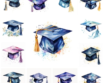 30 Graduation Cap PNG Clipart Bundle, Watercolor Academic Cap Digital Art JPEG Instant Download, Paper Craft Illustration, Commercial Use