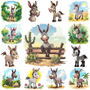 38 Burro de desenho animado JPG Clipart Bundle, Aquarela Adorável Burro PNG Arte Digital Download Instantâneo, Ilustração de Papel Artesanal, Uso Comercial