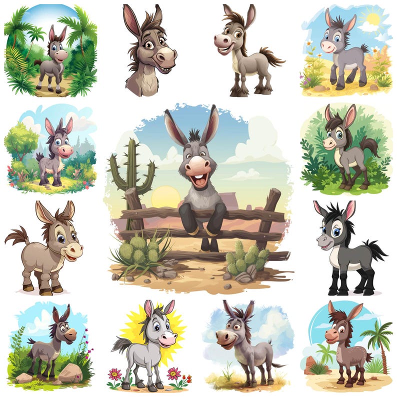 38 Cartoon Donkey JPG Clipart Bundle, Watercolor Adorable Donkey PNG ...