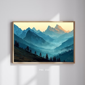 Impresión artística de pared con paisaje sereno de montaña PNG, póster digital de acuarela con luz dorada, obra de arte paisajística, decoración del hogar en lienzo