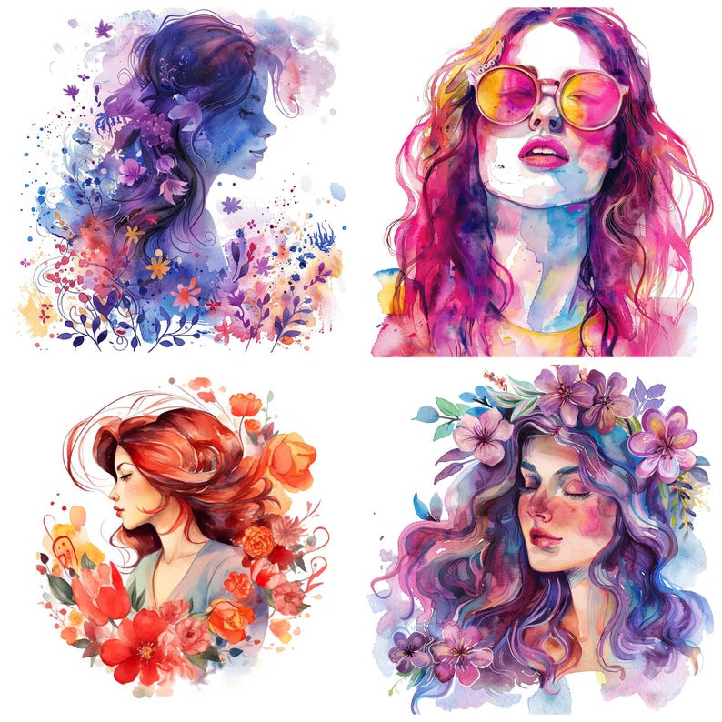 May include: Four watercolor paintings of women with floral accents. Each painting features a woman with long hair and a different color palette. The first painting is in shades of blue and purple, the second is in shades of pink and red, the third is in shades of orange and yellow, and the fourth is in shades of purple and green.