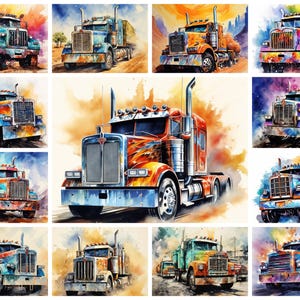 Ensemble de 41 cliparts PNG semi-camion, aquarelle 18 roues camion paysage téléchargement d&#39;art numérique, illustration de la vie de camionnage, usage Commercial