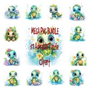 57 Cute Turtle PNG Clipart Bundle, Watercolor Adorable Baby Turtle Wall Art Poster Download, Animal Portrait Illustration, Commercial Use