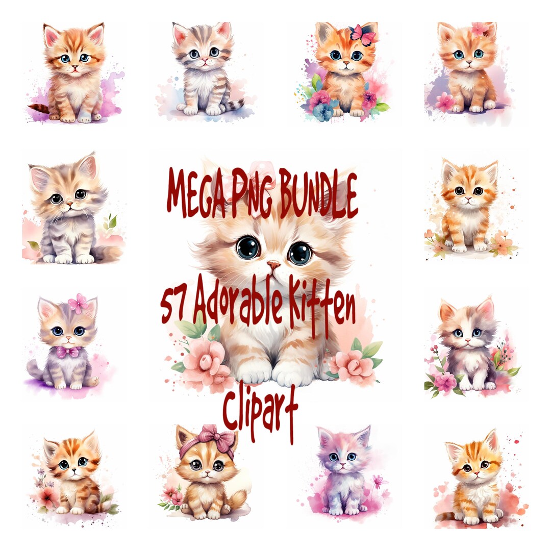 57 Adorable Kitten PNG Clipart Bundle, Watercolor Cute Baby Cat Wall ...