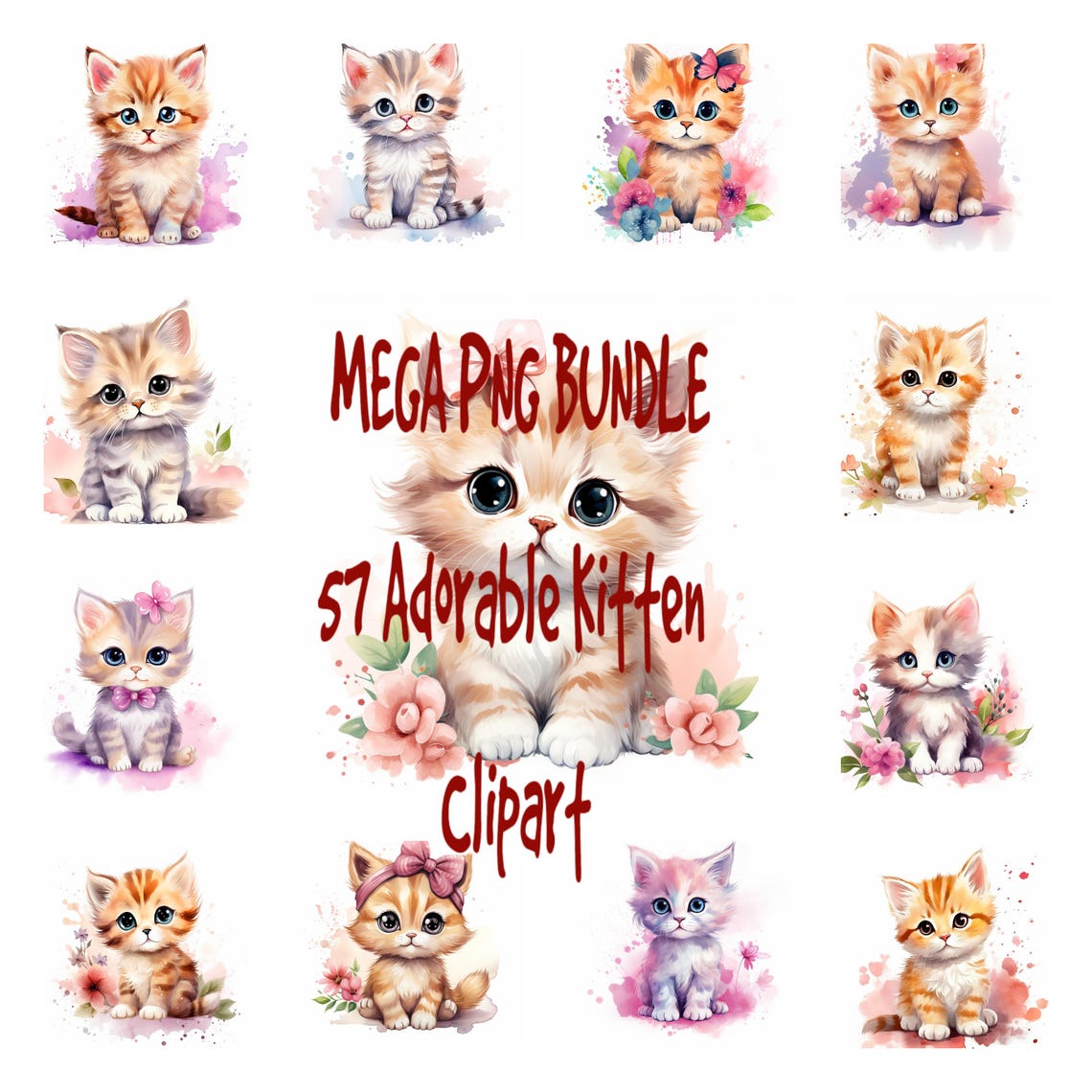 57 Adorable Kitten PNG Clipart Bundle, Watercolor Cute Baby Cat Wall ...