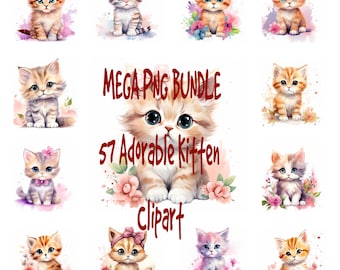 57 Adorable Kitten PNG Clipart Bundle, Watercolor Cute Baby Cat Wall Art Poster, Pastel Kitten Pet Portrait Illustration, Commercial Use