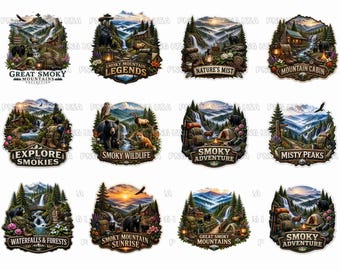 May include: A collection of twelve circular graphic stickers featuring illustrations of the Great Smoky Mountains, including cabins, waterfalls, bears, deer, and camping gear, with text labels such as Great Smoky Mountains, Legends, and Adventure.
