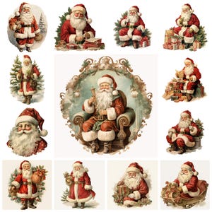 May include: A selection of vintage illustrations featuring Father Christmas in various scenes. He is shown in his classic red suit and hat, often with a white beard, carrying gifts, ringing bells, or near Christmas trees.
