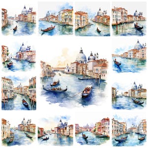 34 Grand Canal in Venice PNG Clipart Bundle, Watercolor Abstract Digital Art Instant Download, Paper Craft Illustration, Commercial Use