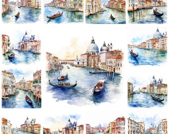 May include: Watercolor paintings of Venice, Italy, featuring gondolas on canals, historic buildings, and iconic landmarks. The artwork showcases a vibrant color palette with blues, oranges, and yellows, capturing the city's charm. The collection includes multiple views of the city.