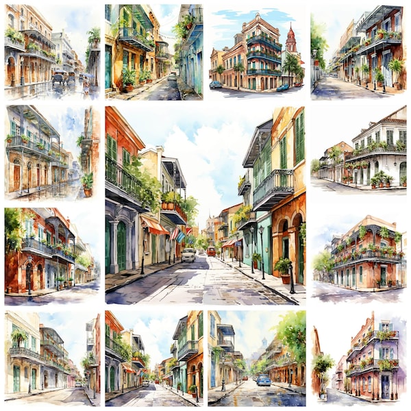 27 French Quarter PNG Clipart Bundle, Watercolor French Quarter Digital Art Instant Download, Paper Craft Illustration, Commercial Use