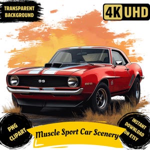 Muscle Sport Car Scenery PNG Clipart stampabile, Acquerello Old-School Drag Car, Hot Road American Muscle Classic Pony Car, Uso commerciale