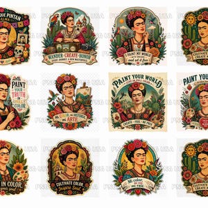 Könnte beinhalten: Eine Sammlung von zwölf digitalen Aufklebern mit Illustrationen von Frida Kahlo, umgeben von bunten Blumen, Kakteen, Vögeln und künstlerischen Werkzeugen. Jeder Aufkleber enthält einen einzigartigen motivierenden Text auf Englisch oder Spanisch, wie Paint Your Truth.