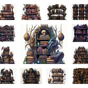 23 Wizard Bookshelf GENEL PNG Clipart, akwarelowa czarownicza półka na książki Ilustracja dla POD, magiczna półka na książki do projektu koszulki, zastosowanie komercyjne