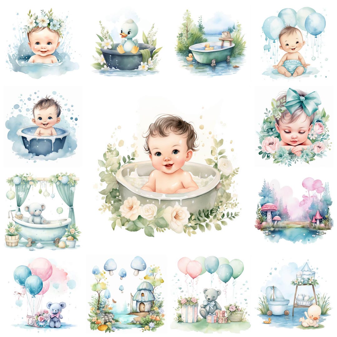 38 Baby Shower Party PNG Clipart Bundle, Watercolor Blue Baby Shower ...