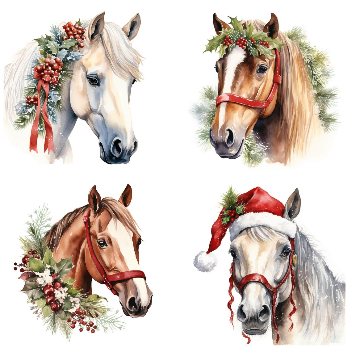 30 Christmas Horse PNG Clipart Bundle, Watercolor Festive Pony Images ...