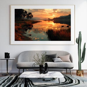 Sunset Lake Landscape PNG Wall Art High Quality Clipart, Watercolor Lake Sunshine Digital Download Poster, Scenery Artwork Canvas Home Decor