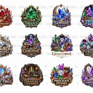 May include: A collection of twelve digital illustrations featuring fantasy-themed gemstone designs. Each emblem displays vibrant crystals, gold accents, and ornate frames with text labels including Ruby Treasure, Emerald Kingdom, and Amethyst Garden.