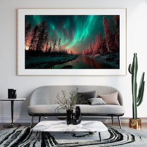 Auroras boreales sobre un bosque nevado de pinos, arte mural de paisaje PNG, imágenes prediseñadas de alta calidad, póster de acuarela de la aurora boreal, obra de arte de paisaje, decoración en lienzo