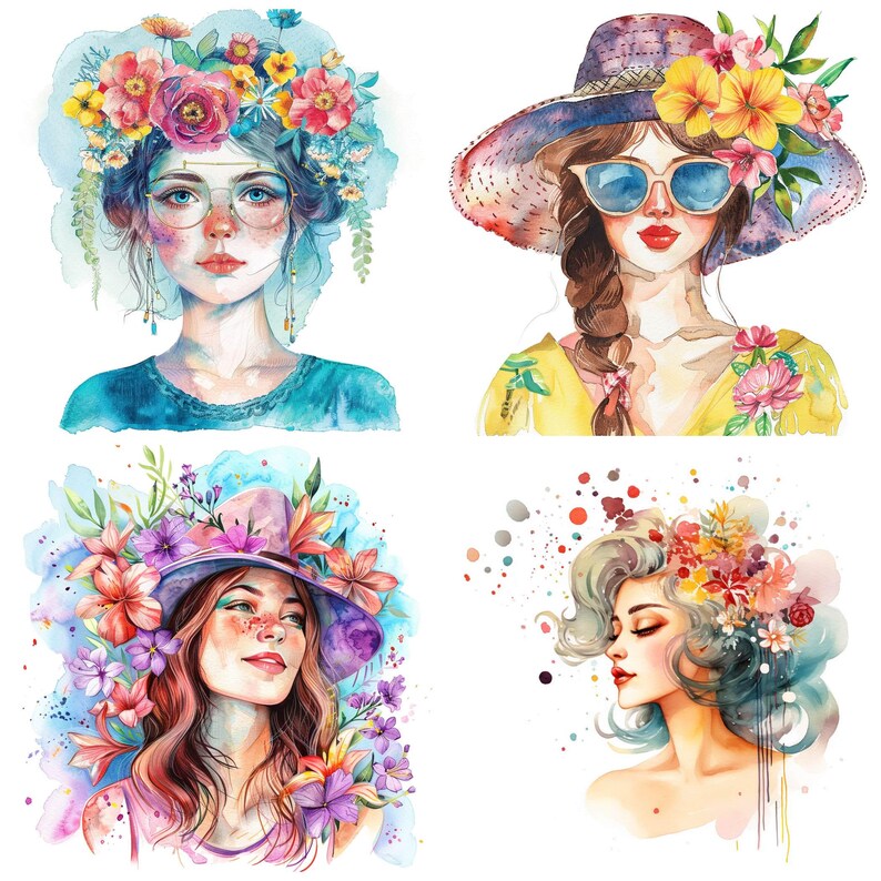 May include: Four watercolor illustrations of women with floral headbands and hats. Each woman has a different hairstyle and expression. The illustrations are in a whimsical style and feature bright colors.