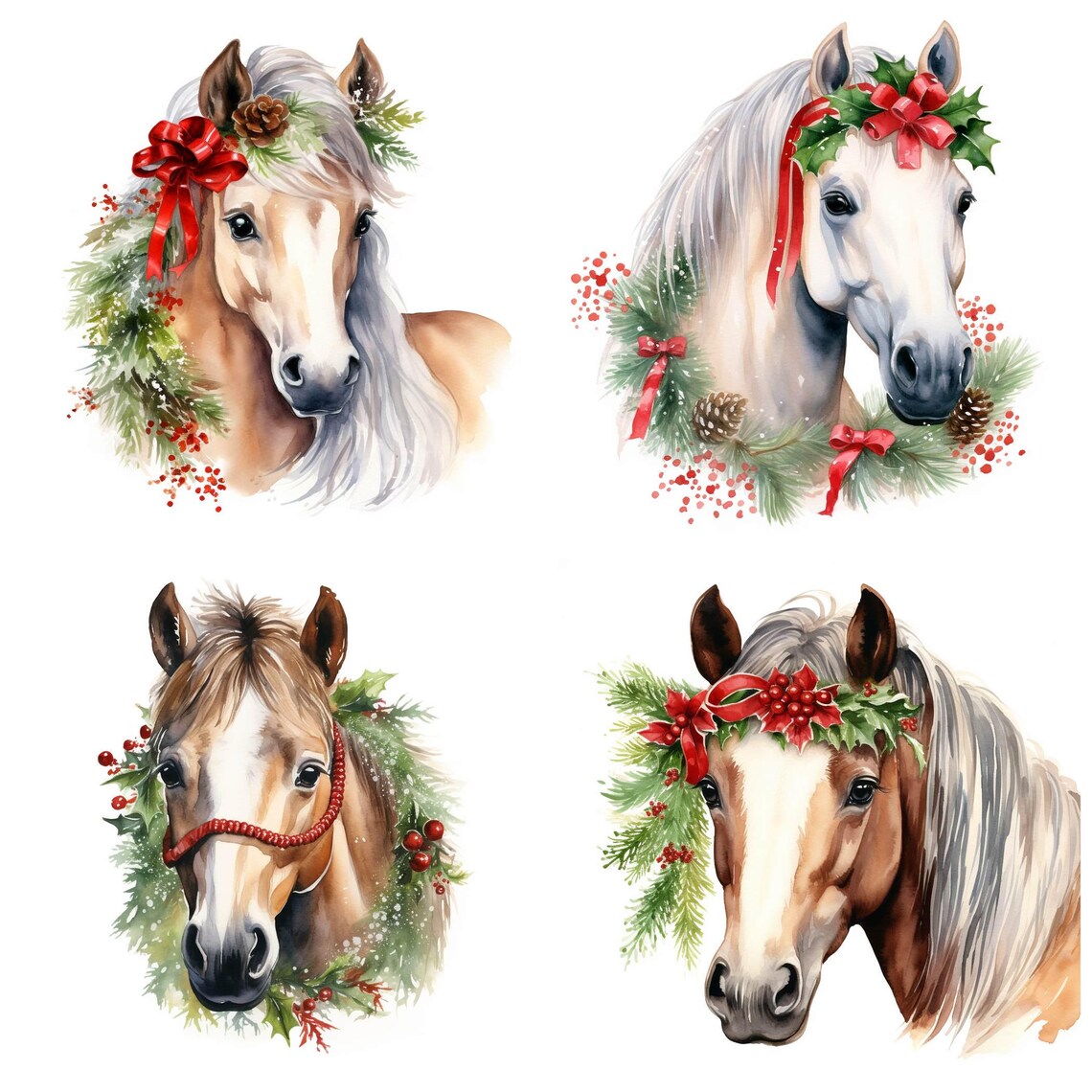 30 Christmas Horse PNG Clipart Bundle, Watercolor Festive Pony Images ...
