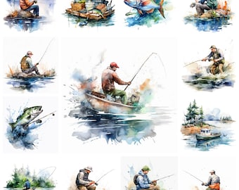 25 pacchetti di clipart PNG di sport di pesca, download istantaneo di JPEG digitale di pescatore ad acquerello, illustrazione di avventura di pesca sul lago, uso commerciale