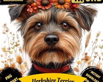 Immagine PNG stampabile di Yorkshire Terrier, paesaggio ad acquerello con la razza di cane Yorkshire Terrier, immagine per la creazione di biglietti di auguri con la razza di cane Yorkie, uso commerciale