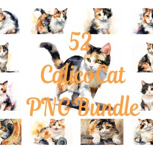 May include: A digital download of 52 watercolor illustrations of calico cats in various poses. The illustrations are perfect for crafting, scrapbooking, and other creative projects.