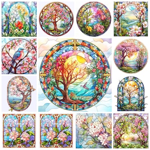 May include: A collection of 12 stained glass window designs featuring various floral patterns, trees, birds, and landscapes. The designs are in a circular or arched shape and feature vibrant colors, including blue, green, red, yellow, and pink.