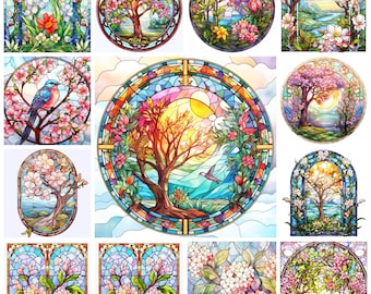 38 Spring Stained Glass PNG Clipart Bundle, Watercolor Colored Glass Blooming Season Wall Art Poster Download, Mosaic Art Illustration