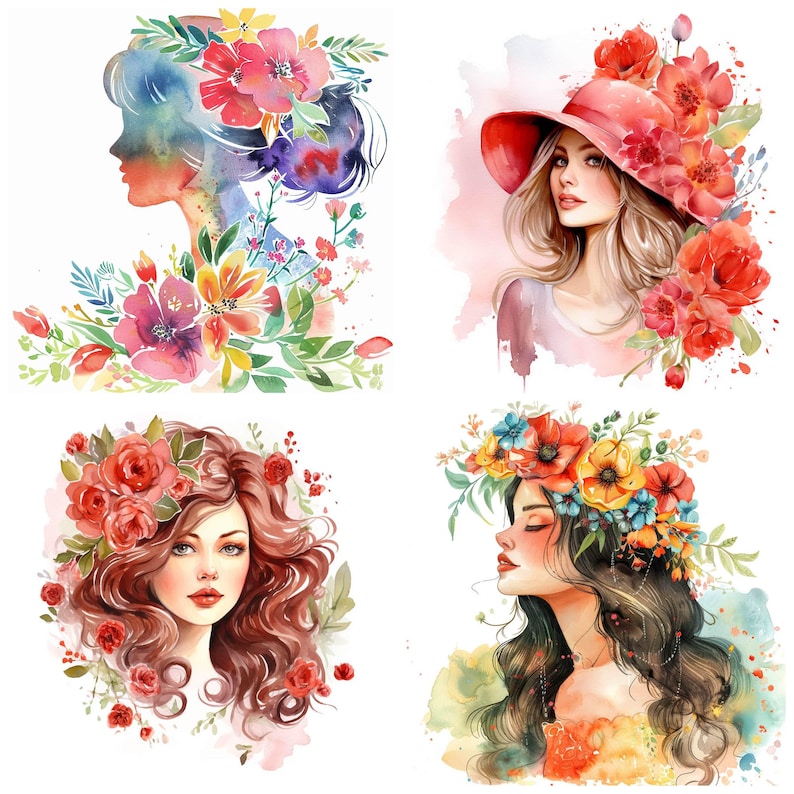 May include: Four watercolor illustrations of women with floral crowns and bouquets. Each woman has a different hairstyle and expression. The illustrations are painted in a soft, romantic style.