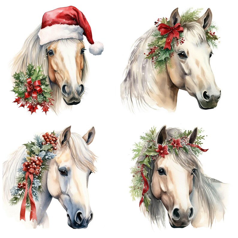 30 Christmas Horse PNG Clipart Bundle, Watercolor Festive Pony Images ...