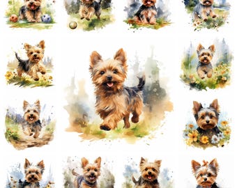 47 Yorkshire Terrier Dog Breed PNG Clipart Bundle, Watercolor Yorkie Pet Portrait JPEG Download, Paper Craft Illustration, Commercial Use
