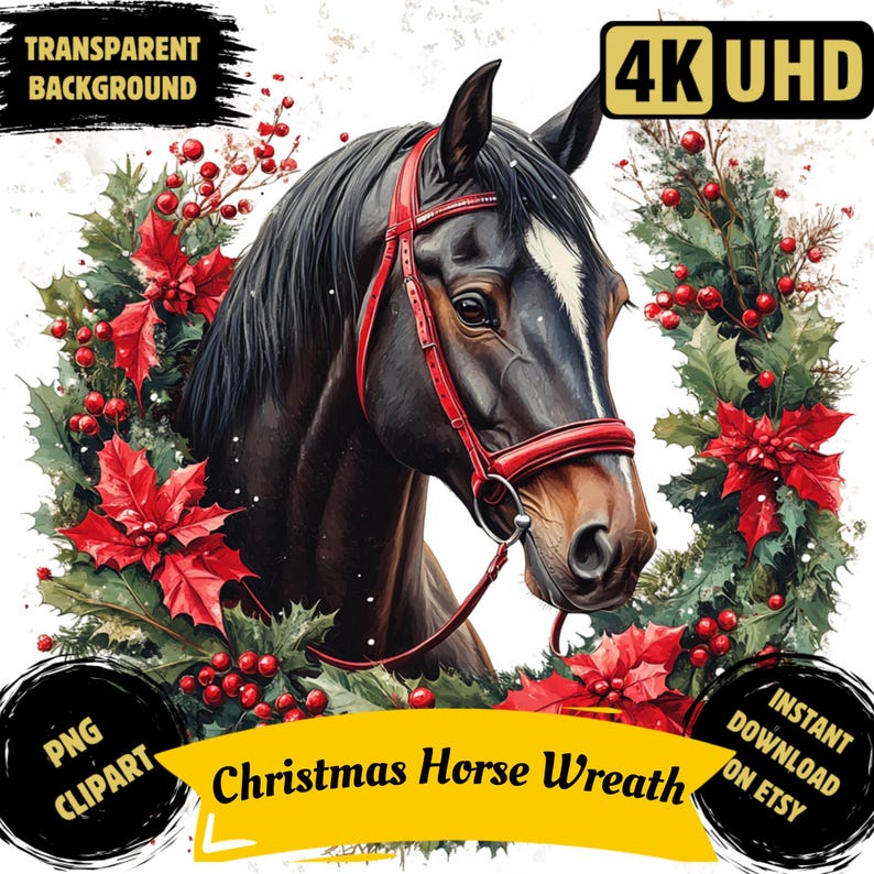 Christmas Horse Wreath PNG Printable Clipart, Watercolor Xmas Horse ...