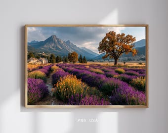 Lavendelfelder bei Sonnenuntergang Landschaft Wand Kunst Druck, Aquarell Lavendel Farm Digital Download Poster, Landschaftsfotografie, Canvas Home Decor