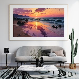 Sunset Beach met zachte golven PNG landschap kunst aan de muur hoge kwaliteit clipart, aquarel digitale download poster, landschapskunstwerk canvas decor