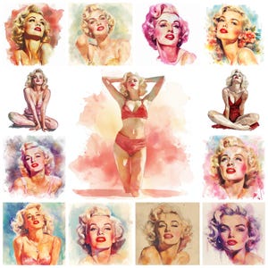 26 Vintage Marilyn Monroe PNG Clipart Bundle, Watercolor Abstract Digital Art JPG Instant Download, Paper Craft Illustration, Commercial Use