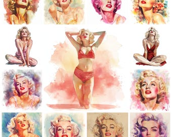 26 Vintage Marilyn Monroe PNG Clipart Bundle, Akwarela Abstrakcyjna Sztuka Cyfrowa JPG Natychmiastowe Pobieranie, Ilustracja Papierowego Rzemiosła, Wykorzystanie Komercyjne