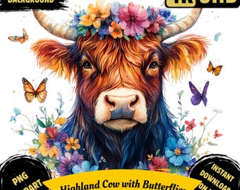 Highland Cow with Butterflies PNG Clipart Bundle, Watercolor Scottish Cow with Butterfly Illustration, T-Shirt Mug Print Art Commercial Use