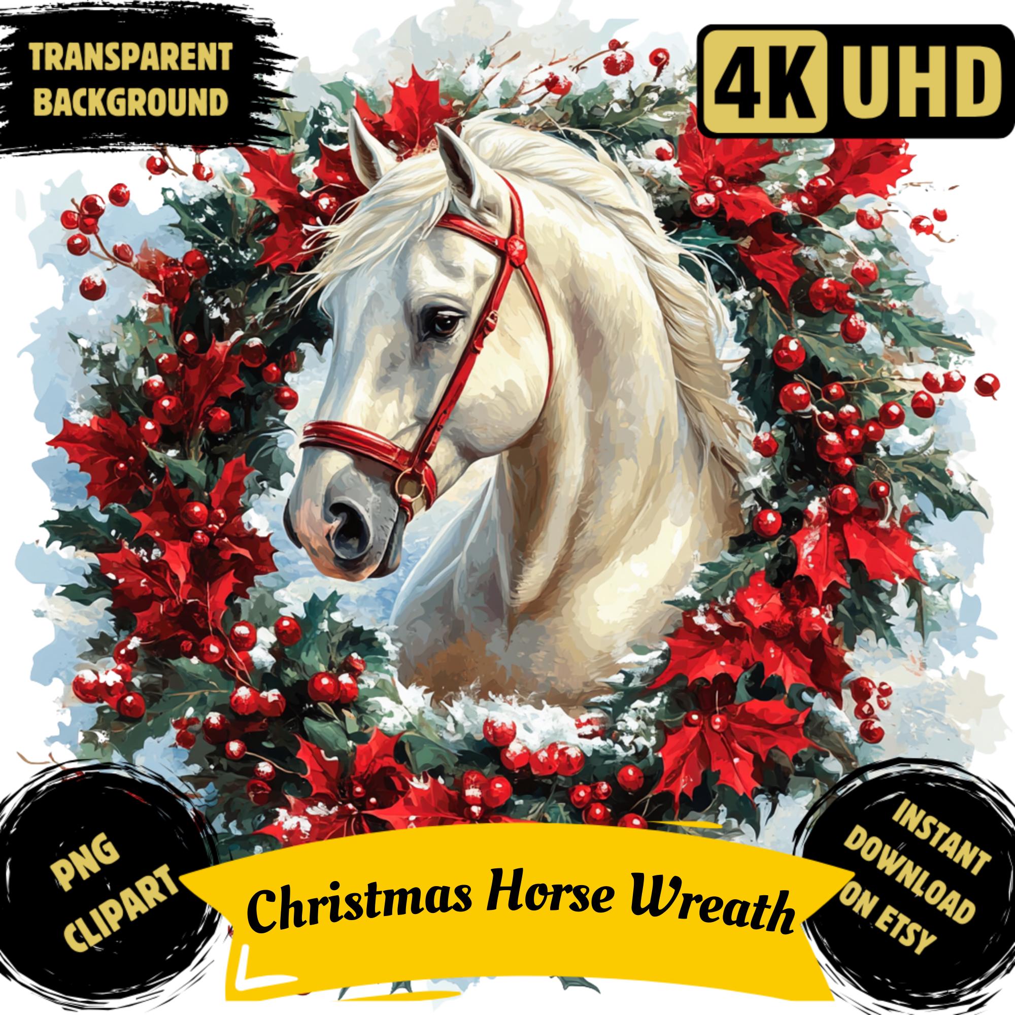 Christmas Horse Wreath PNG Printable Clipart, Watercolor Xmas Horse ...