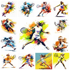 May include: A collection of colorful digital art prints featuring tennis players in action. Each artwork showcases a player mid-swing, with dynamic poses and vibrant, abstract backgrounds. The players are dressed in tennis attire, holding rackets and balls.