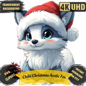 Bundle de cliparts Chibi Noël renard arctique PNG, illustration animal de Noël fantaisiste, sublimation de renard arctique d'hiver original, usage Commercial