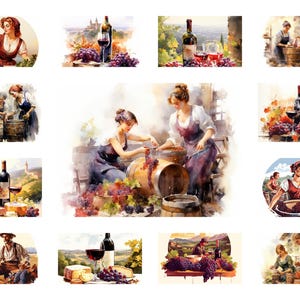 36 wijn maken clipart png landschap, aquarel wijngaard & wijnmakerij muur kunst, druivenoogst afbeelding voor POD poster, wijnthema landschap