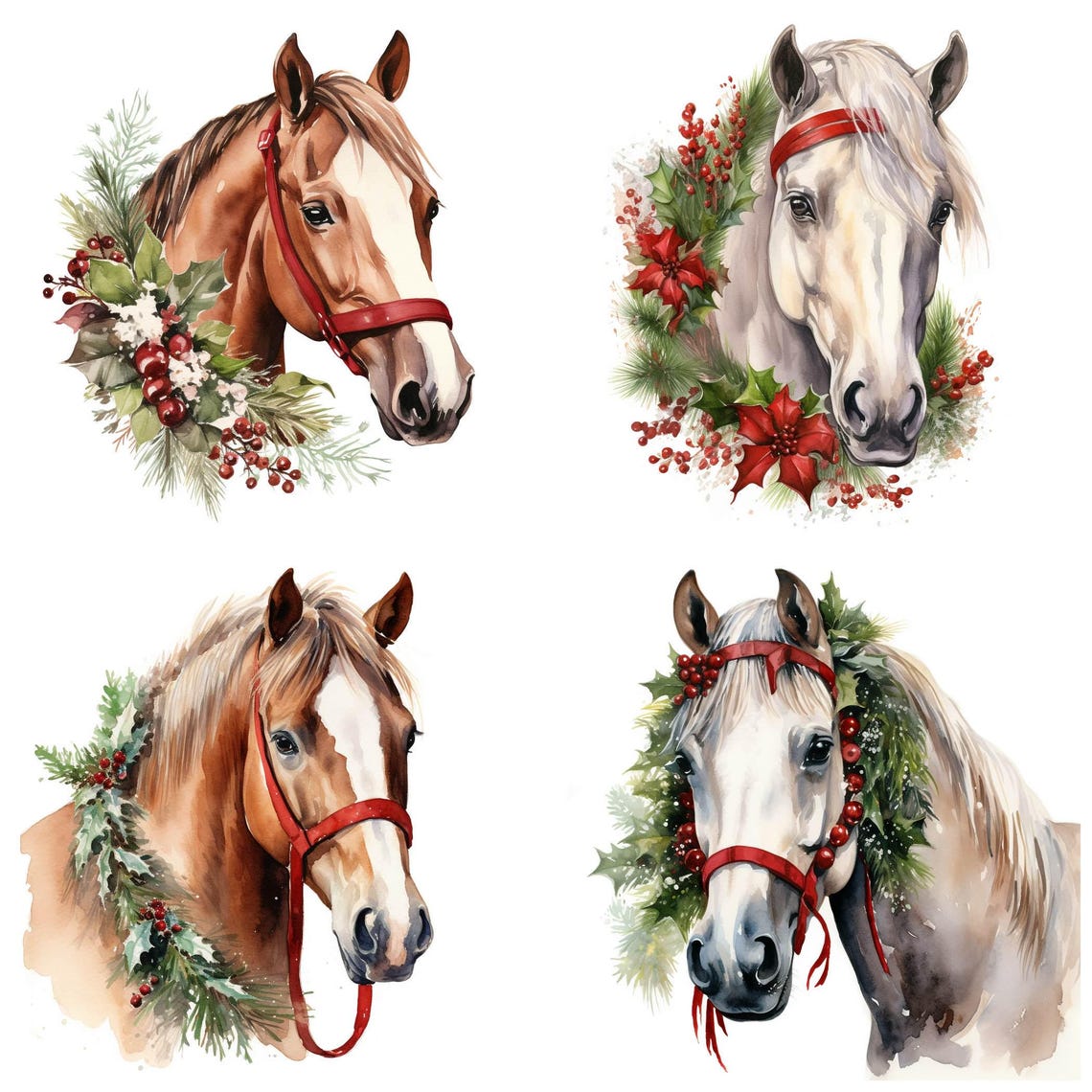 30 Christmas Horse PNG Clipart Bundle, Watercolor Festive Pony Images ...
