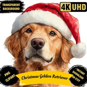 Retrato de perro golden retriever navideño PNG imprimible, sublimación de mascota dorada navideña en acuarela, imagen de tarjeta festiva, uso comercial