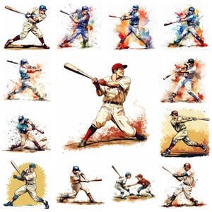 Può includere: Una collezione di illustrazioni in stile acquerello di giocatori di baseball in azione. Ogni immagine raffigura un battitore che colpisce una palla, con vivaci spruzzi di colore sullo sfondo. I giocatori indossano uniformi da baseball vintage.